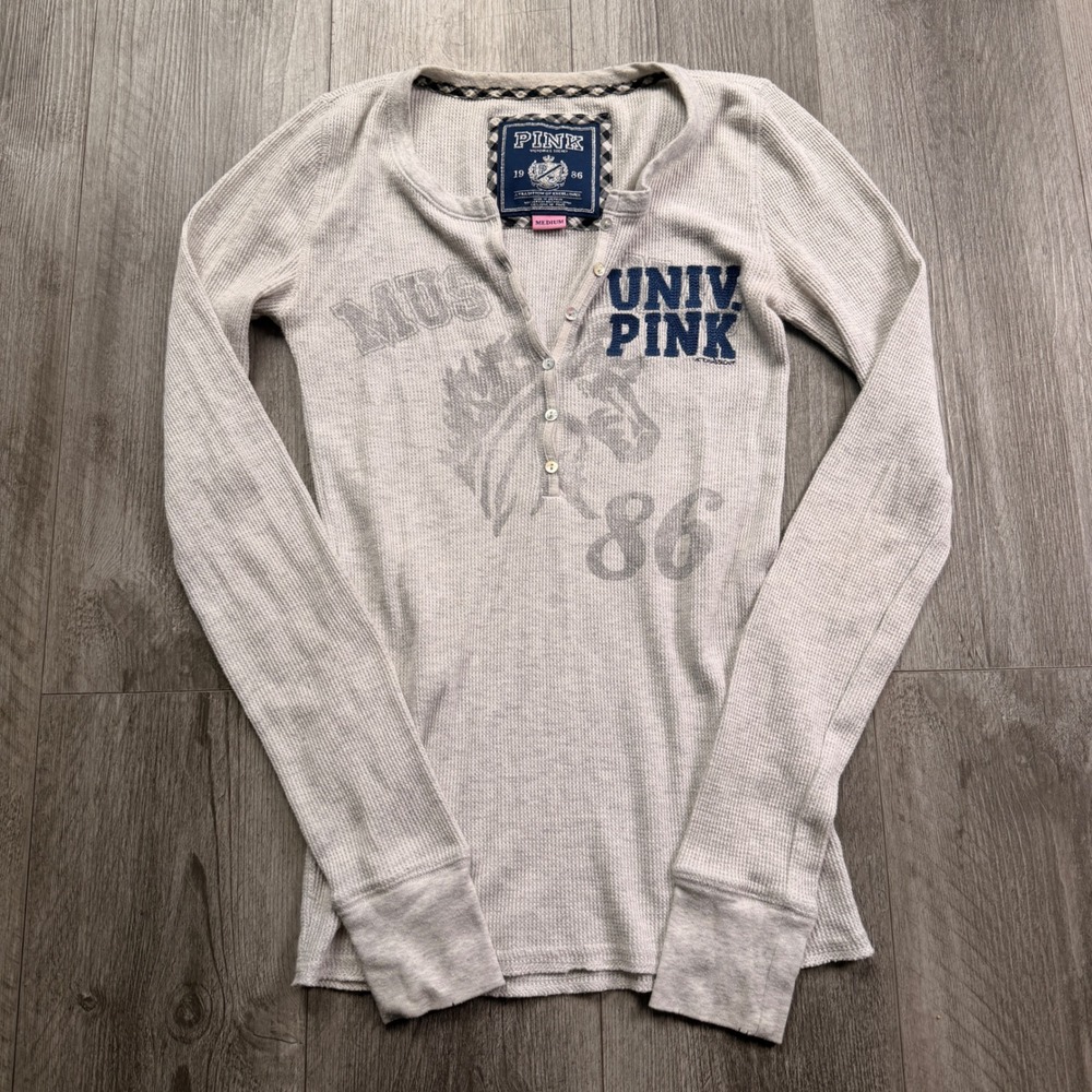 Vintage Rare PINK Victoria's Secret Womens M Univ Pink Mustangs Thermal shirt